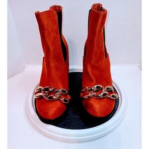 Dark Tan Heeled Ankle Boots With Gold Chain Embellishment Womens Size 9